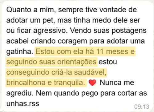 Depoimento de tutora sobre o curso Formando Família Felina